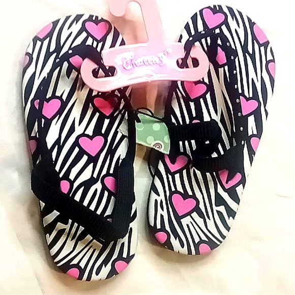 CHATTIES GIRLS BLACK PINK HEART ZEBRA RHINESTONE FLIP FLOPS 11/12 - Picture 1 of 4